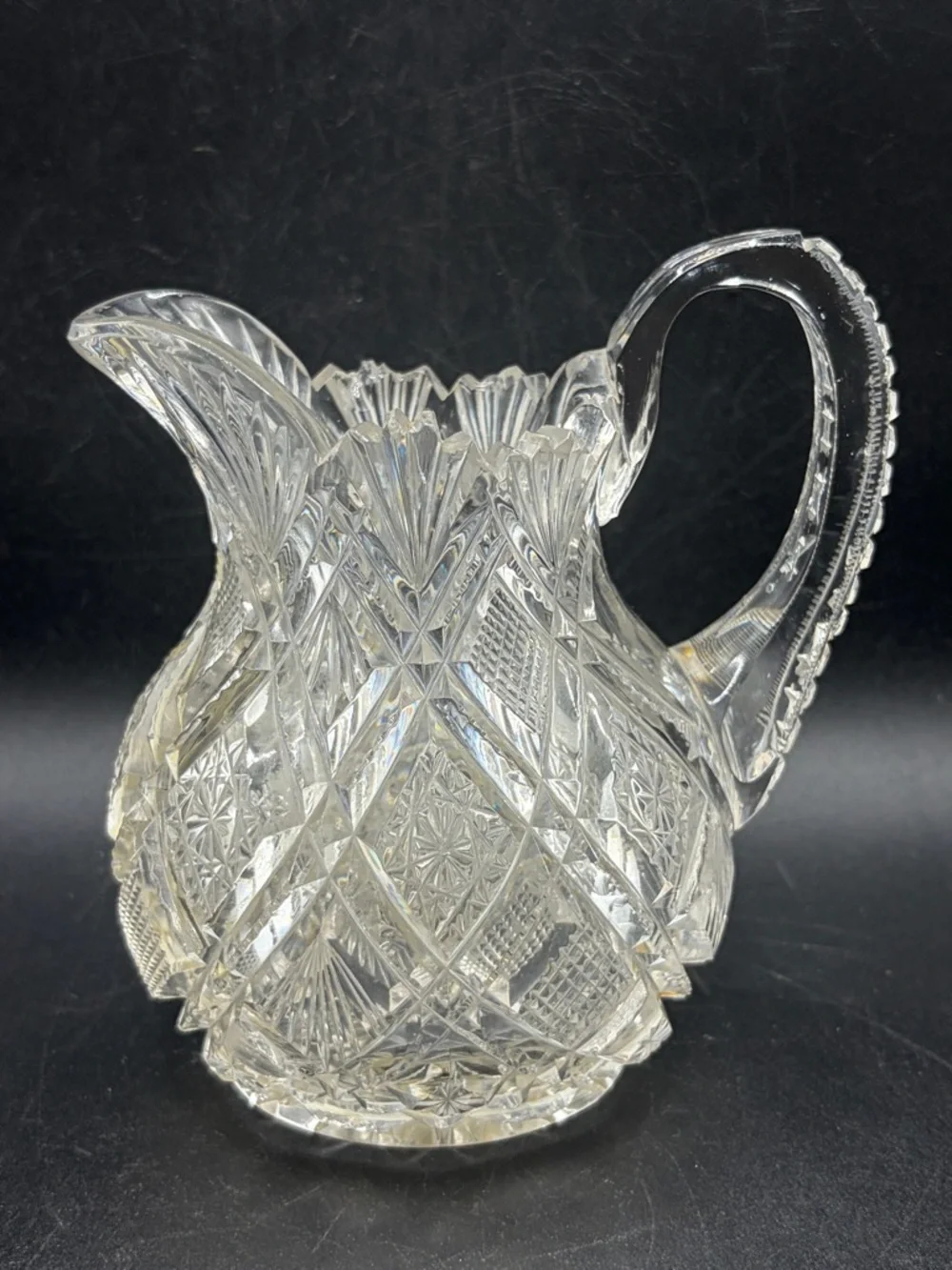 TW Signed Vintage Cut Crystal Jug Pitcher Creamer Pourer Vessel Tableware Decor